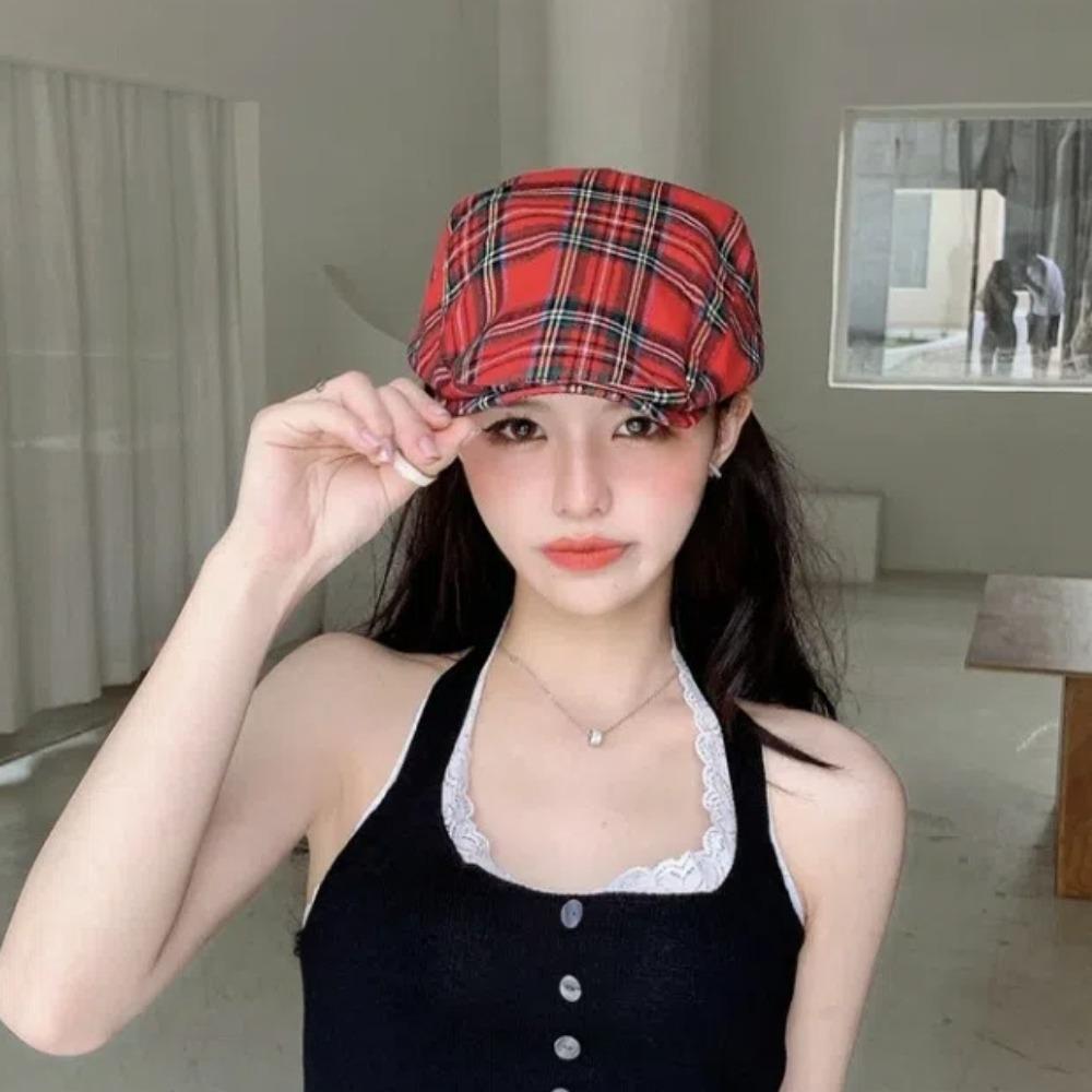 Cotton Plaid Beret Cap Short Brim Women Artist Hat Simple British Forward Hat  School