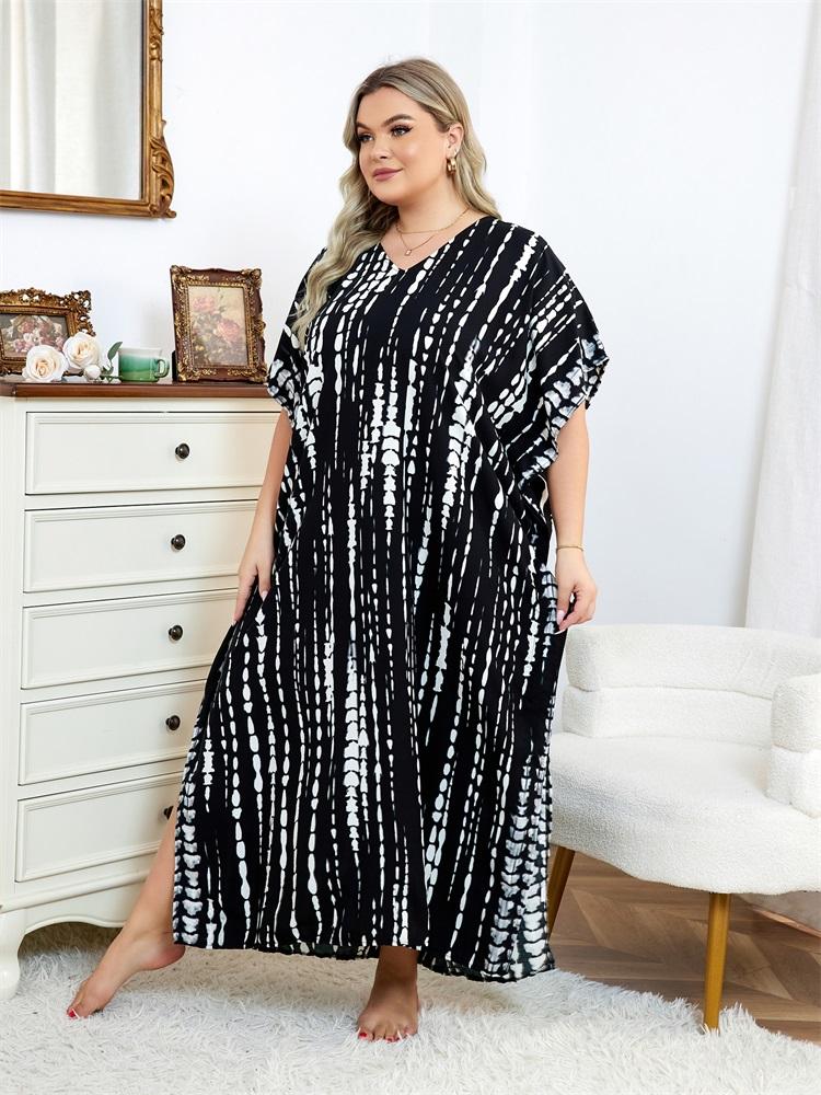 EDOLYNSA 2024 Casual V Neck Stripe Tie-Dye Loose Kaftan Women Summer Boho Printed Plus Size Beach Dress Vacation Swimsuit Cover Up Q1218