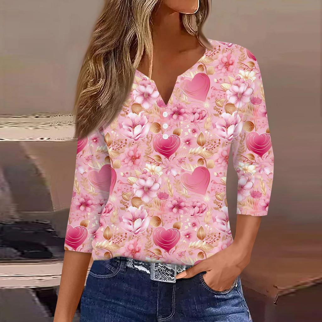 Women's Valentine's Day Printed V-Neck Casual Versatile Three-quarter Sleeve Button Top