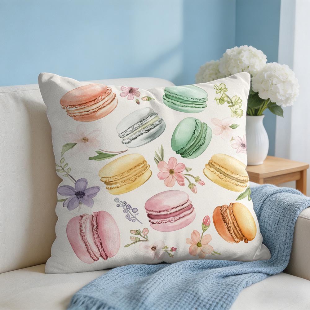 Macarons and Floral Cushion Cover Short Plush Soft DoubleSided Printing Pillow Case Cozy Sofa Bedroom Home Decor Gift