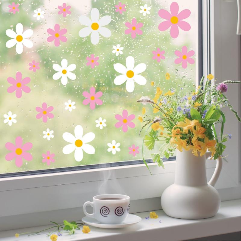 Flower Glass Stickers Electrostatic Home Living Room Glass Window Door Decoration Waterproof Pink Daisy Window Stickers