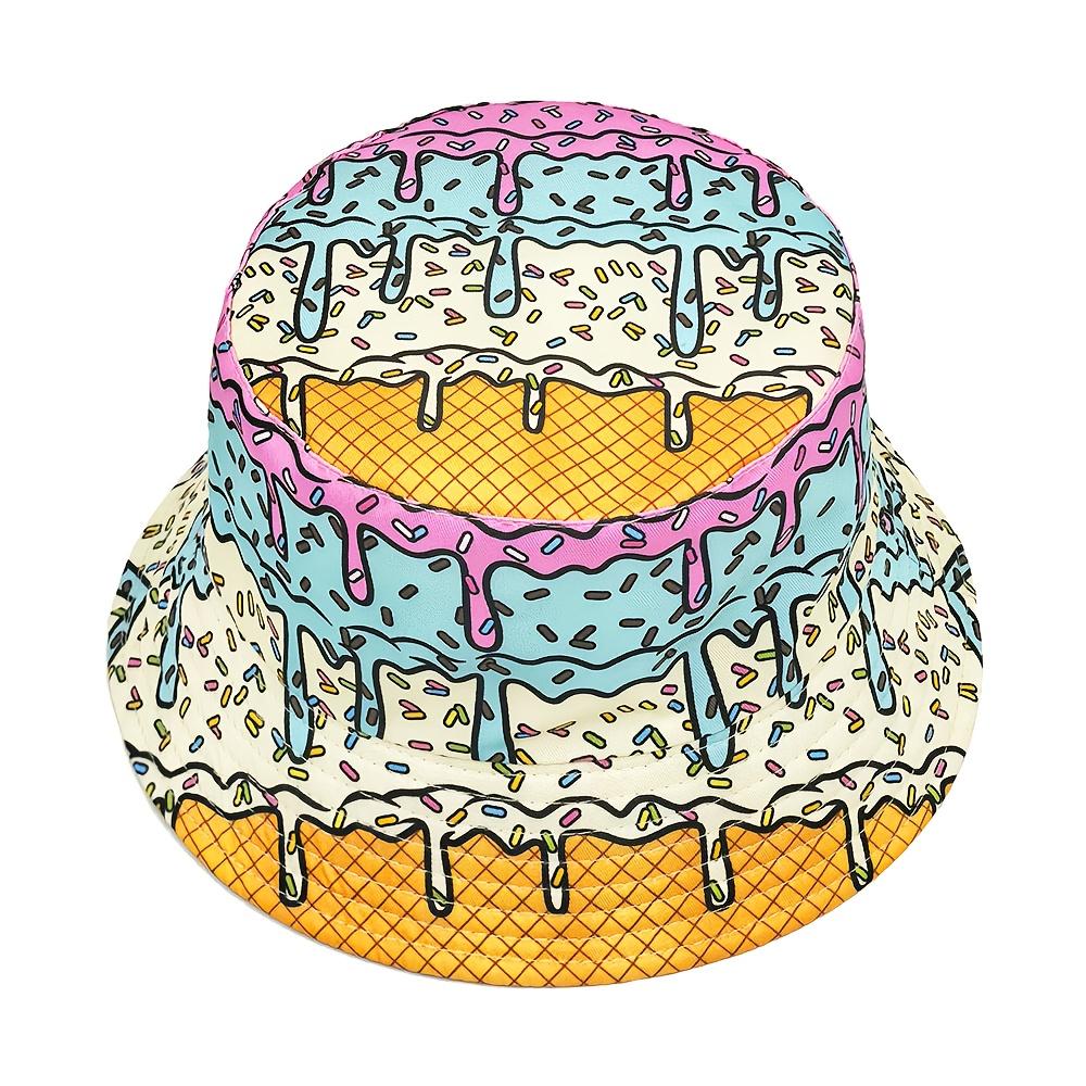 Kolorowa Czapka Bucket Hat z Nadrukiem Drip lodowy Zabawny Wzór Posypki Kapelusz Przeciwsłoneczny dla Mężczyzn Kobiet Letni Plażowy Outdoor Czapka z Ochroną UPF