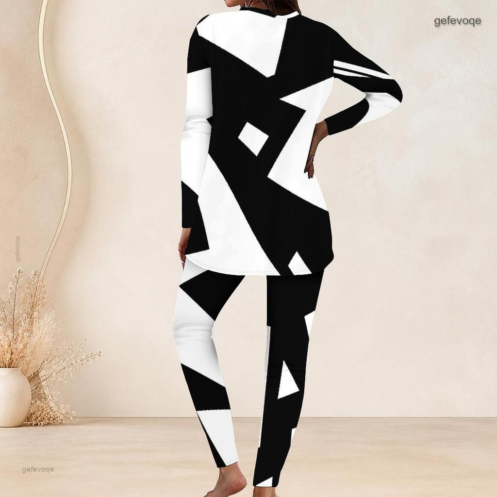 Women Plus Size Two Piece Set Round Neck Long Sleeve Black White Geometric Printed Longline Top Fitted Pants