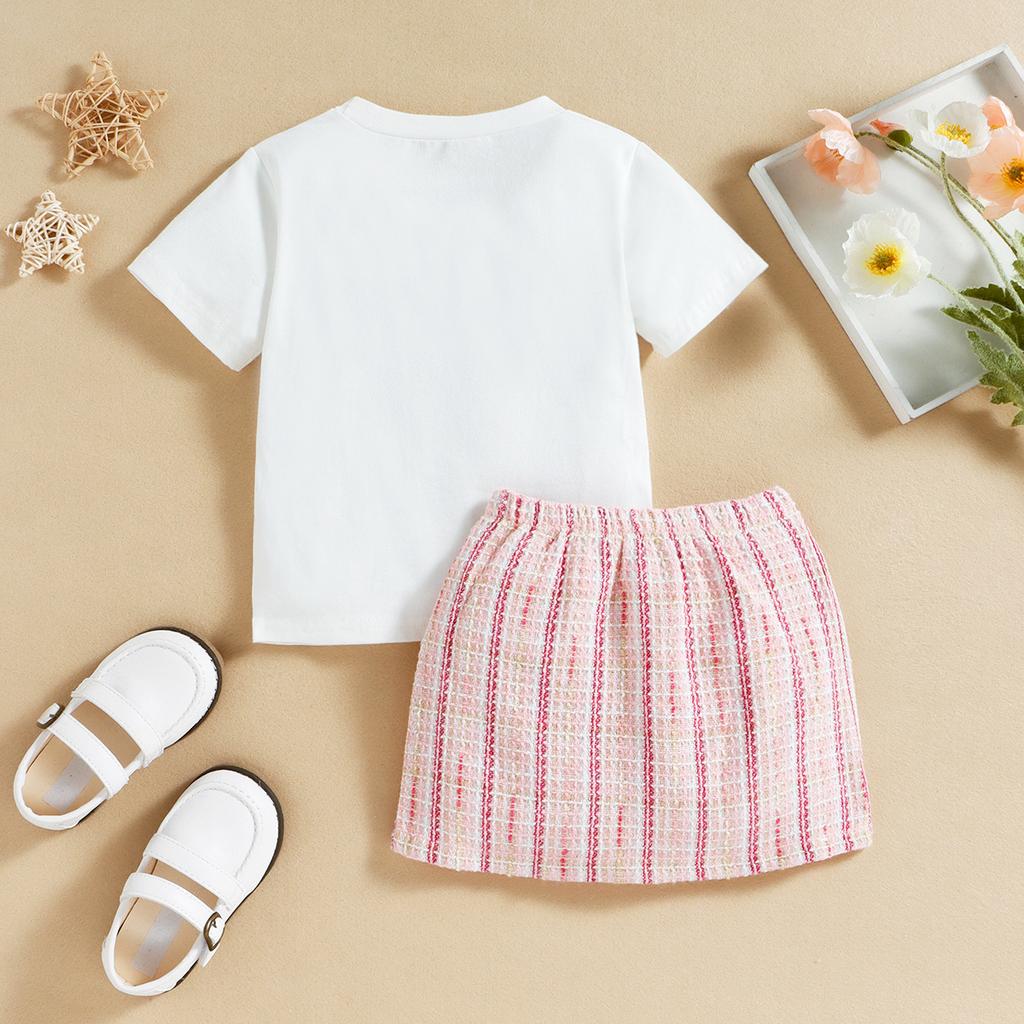 Girls Fashion Set Summer Children's Bear Bow Pullover Short Sleeve T-shirt Skirt Set