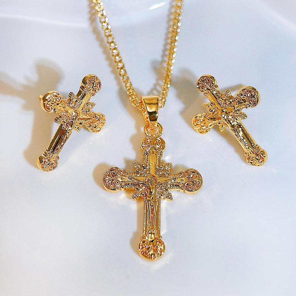 Ethnic Faith Cross Pendant Necklace & Earrings Set - Gold Plated Studs, Hip Hop Style Copper Jewelry