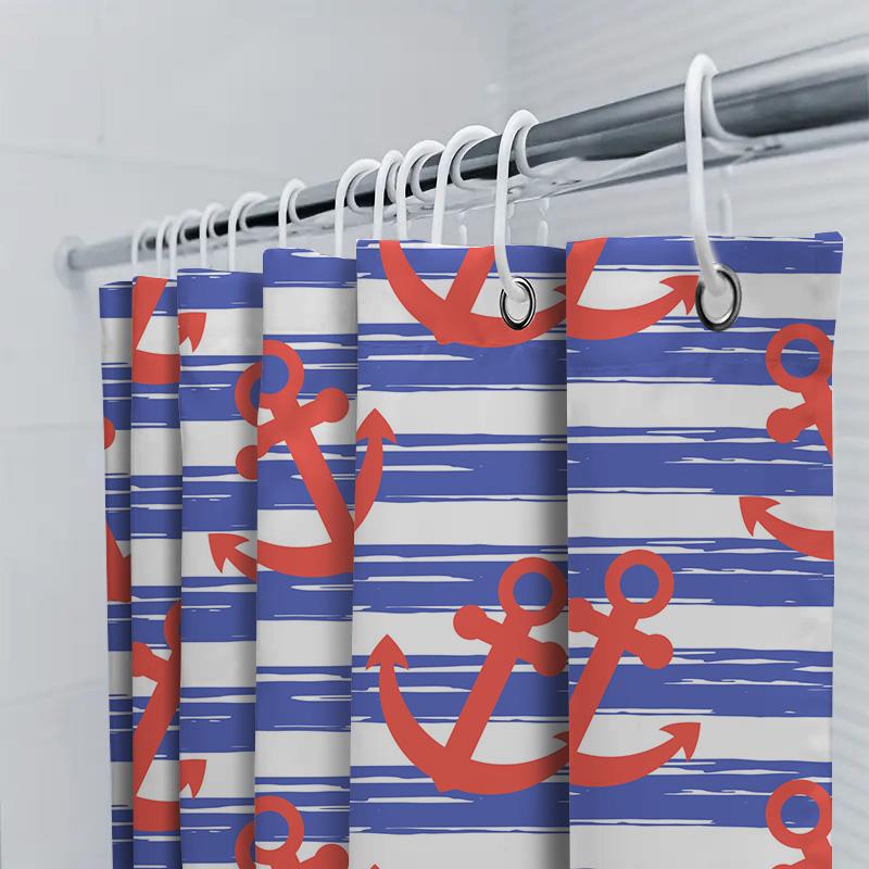 Red Anchors Blue Striped Shower Curtain Waterproof Polyester Bathroom Decor Set