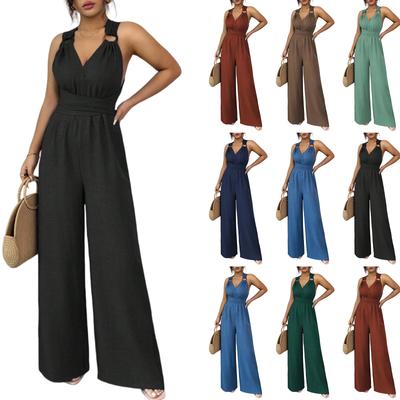 Mono Casual de Mujer con Cuello Halter, Cruzado, Cintura Ceñida Expuesta, Versátil, Sin Mangas