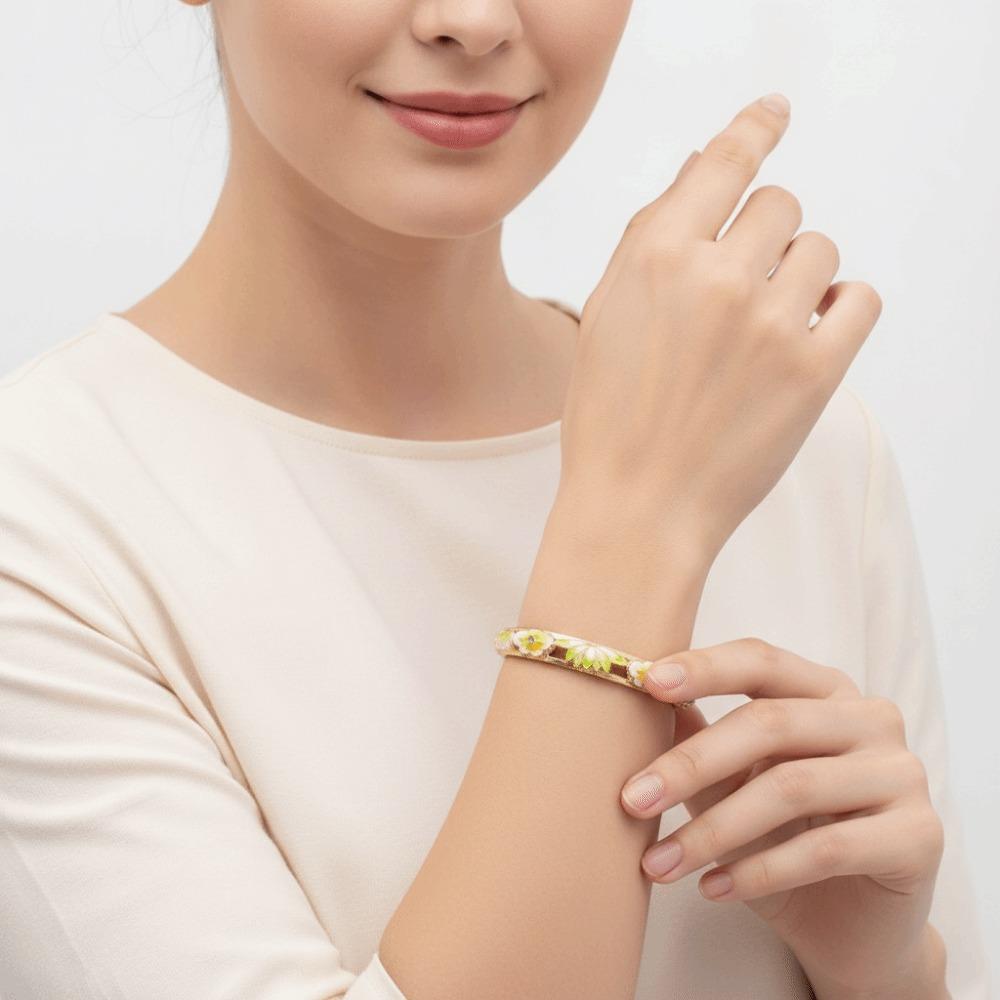 Gold Plated Enamel Floral Bangle Elegant Lotus Floral Open Cuff Bracelet Cloisonne Bangle Ladies