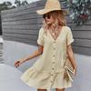 Summer Women Casual Short Dress V Neck Single Breasted A Line Solid Color Dresses Spring Summer Apricot Navy Blue Sizes S M L XL