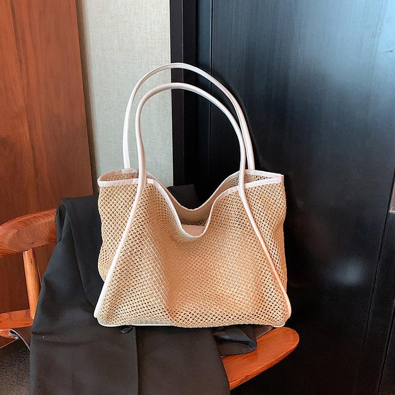 

Yogodlns Large Capacity Beach Hollow Composite Tote Solid Color Leather Small Pouch Straw Woven Shoulder Bag Lightweight Polyester 40x13x30cm бежевий