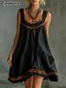 Neues Retro Lässiges Mode Gepresste Blume Bequem Einfarbige Baumwolle Leinen Mini Trägerkleid