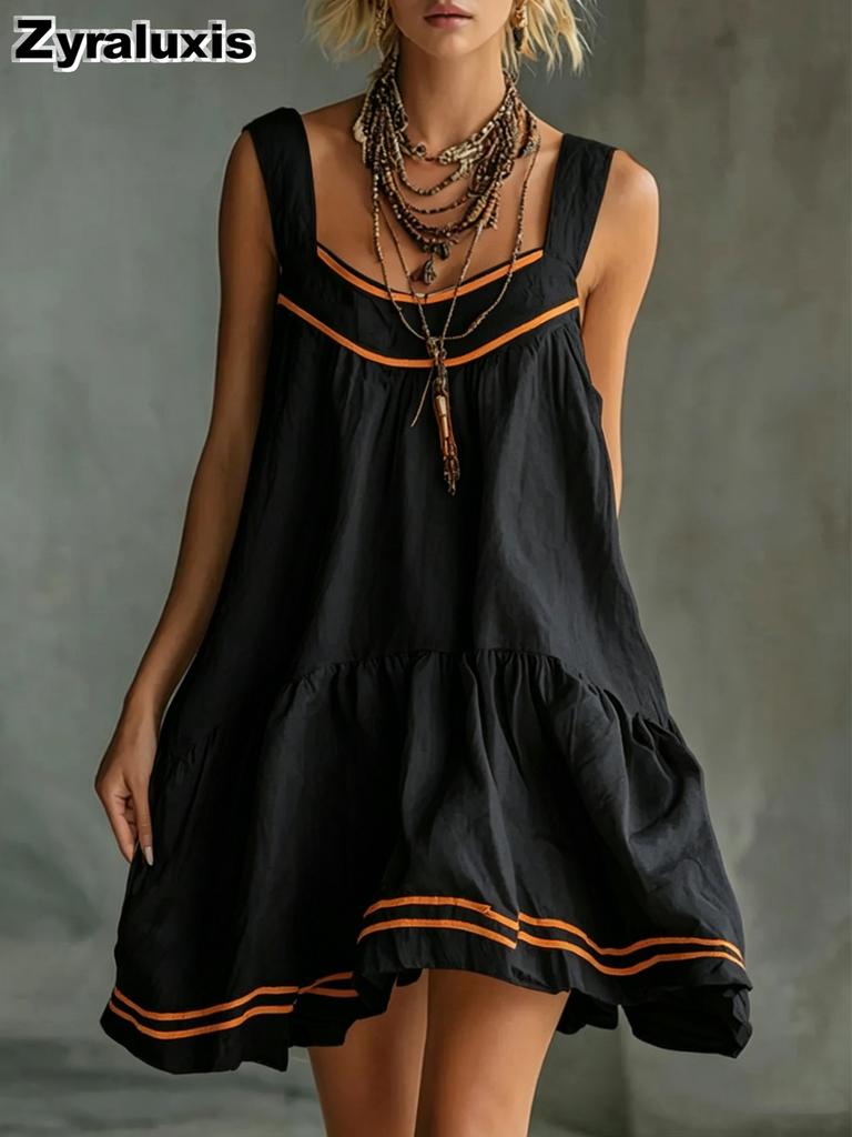 Neues Retro Lässiges Mode Gepresste Blume Bequem Einfarbige Baumwolle Leinen Mini Trägerkleid