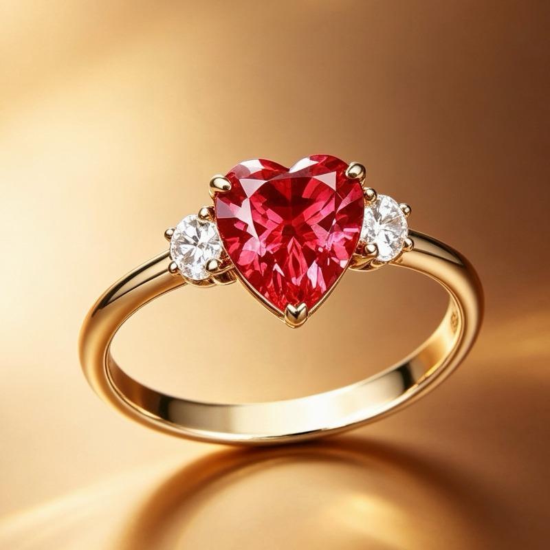 Luxury Inlaid Heart Pigeon Blood Red Garnet Ring Female Cute Sweet Rose Gold Plated Diamond Ring