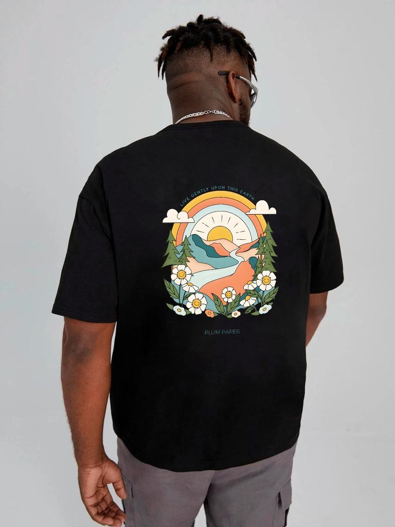 Landschaftsmalerei Harajuku T-Shirts Damen Unisex Sommermode Lebe sanft auf dieser Erde Rückenaufdruck T-Shirts Tops Baumwoll-T-Shirts