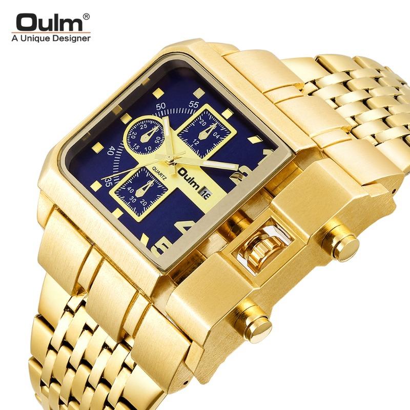 

Мужские часы Oulm Gold Cross Border с большим циферблатом, стальной ремешок, календарь, квадратные кварцевые мужские часы, европейский и американский стиль для отдыха, Cross Border