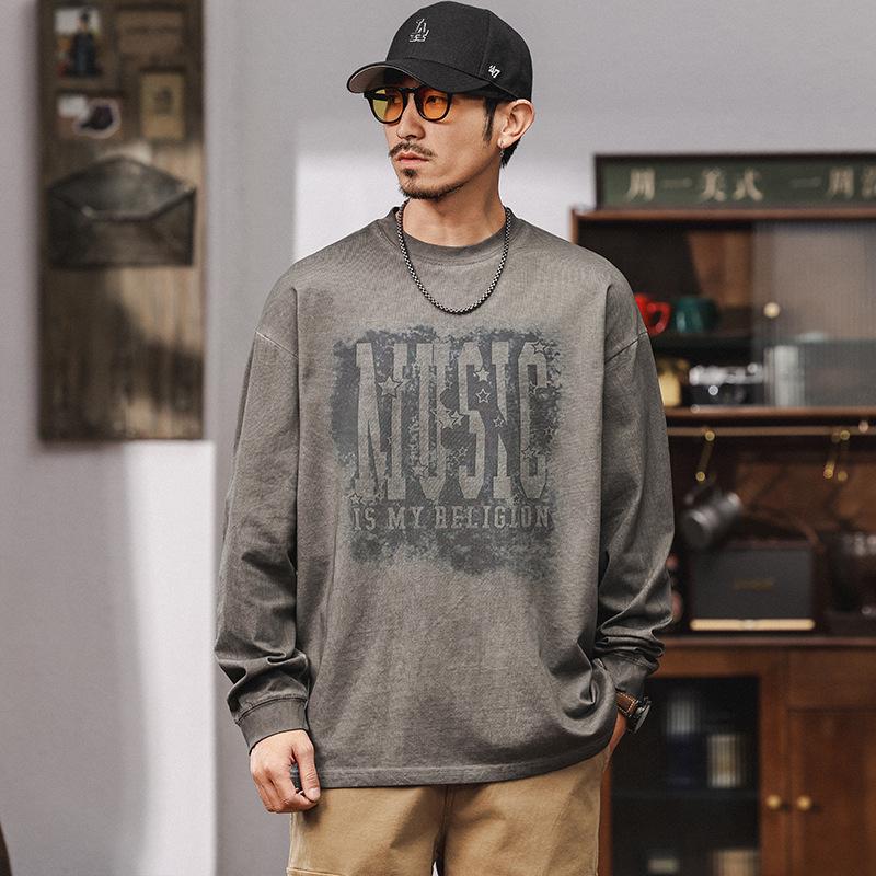 Fat Crew Neck American Vintage Pattern Printed Men's T-Shirt--Lightweight and wrinkle-resistant, versatile commuter long-sleeved sweater