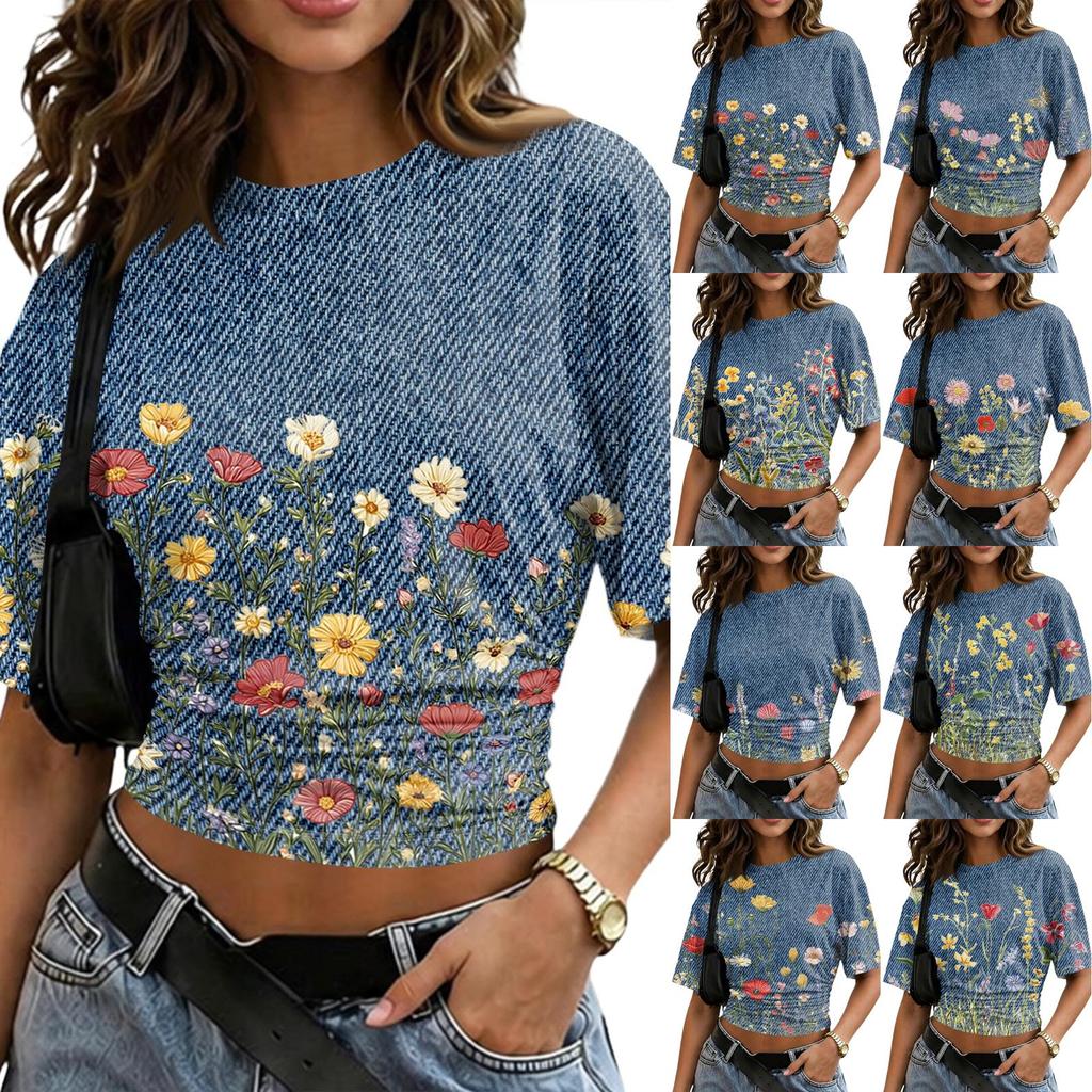 Women's Crew Neck Pullover Short Sleeve T-Shirt Floral Print Loose Fit Casual Top for Everyday Wear