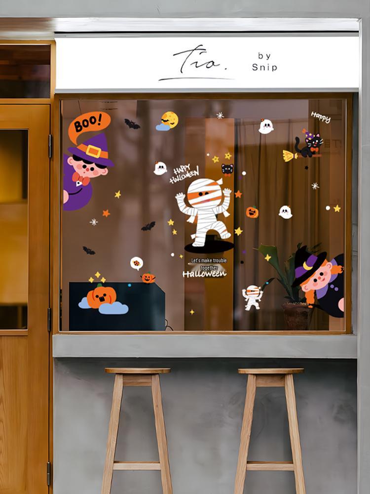 Halloween Pumpkin Decorations Window Clings - Theme Shop Scene Arrangement Glass Stickers