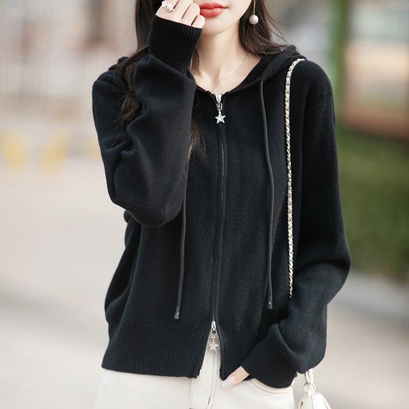 Women Loose Hooded Long Sleeve Knitted Zip Up Short Cardigan Coat
