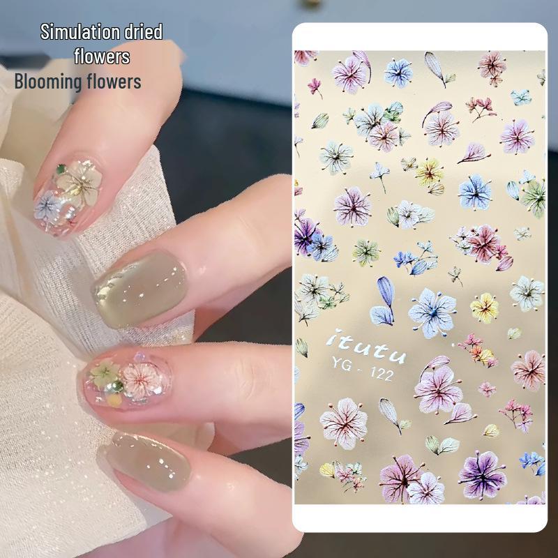 

3D Colorful Dried Flower Nail Stickers – Embossed Floral Decals for Nail Art