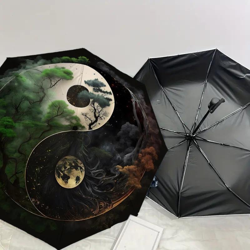 1PC Yin Yang Trees Automatic Open/Close Umbrella with Windproof, 8-Rib Sturdy Canopy, Durable Ribs, Fashionable Design, Outdoor Accessory, Fun Prin, H