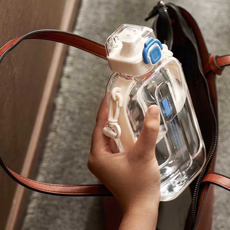 Square Flat Transparent Portable Water Bottle with adjustable strap lightweight for hiking school travel office