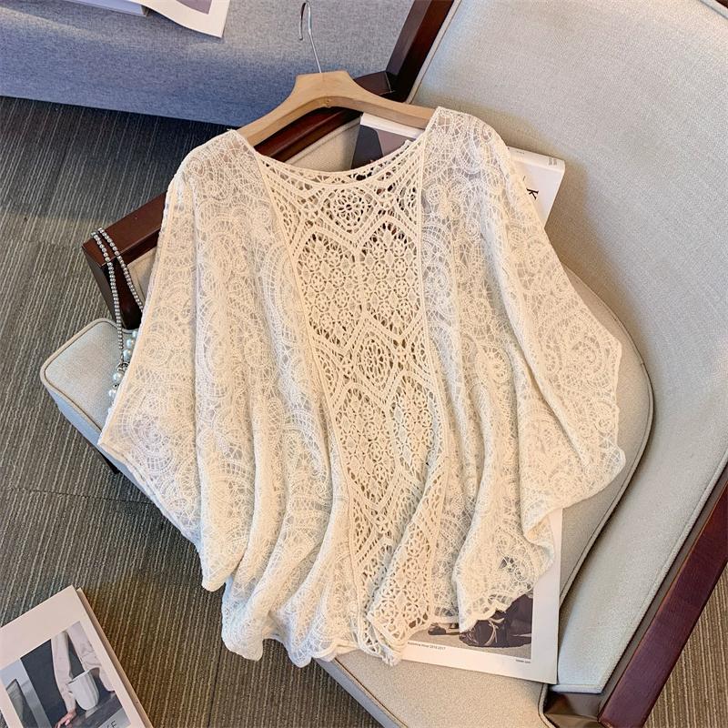 Dimanaf 2025 Nové Dámské Pletené Krajkové Tričko s O-výstřihem Dutý Letní Styl Základní Krátké Topy Trička Volné Oblečení