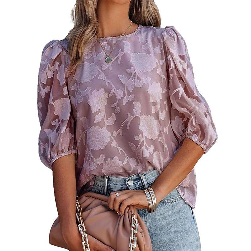 Летняя женская футболка Кружевная Ажурная Повседневная Свободная Короткий рукав Шифоновая рубашка S светло-фиолетовый