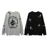 Dark Academia Knit Sweater With Cross Motif Distressed Fringe Loose Fit Warm Fleece-Like Acrylic Pullover Teens