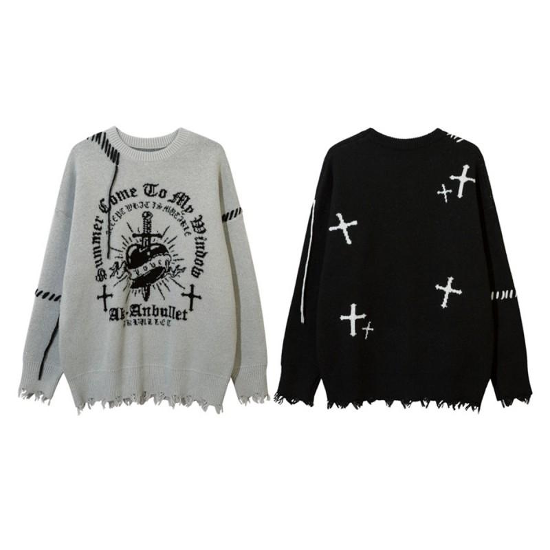 Dark Academia Knit Sweater With Cross Motif Distressed Fringe Loose Fit Warm Fleece-Like Acrylic Pullover Teens