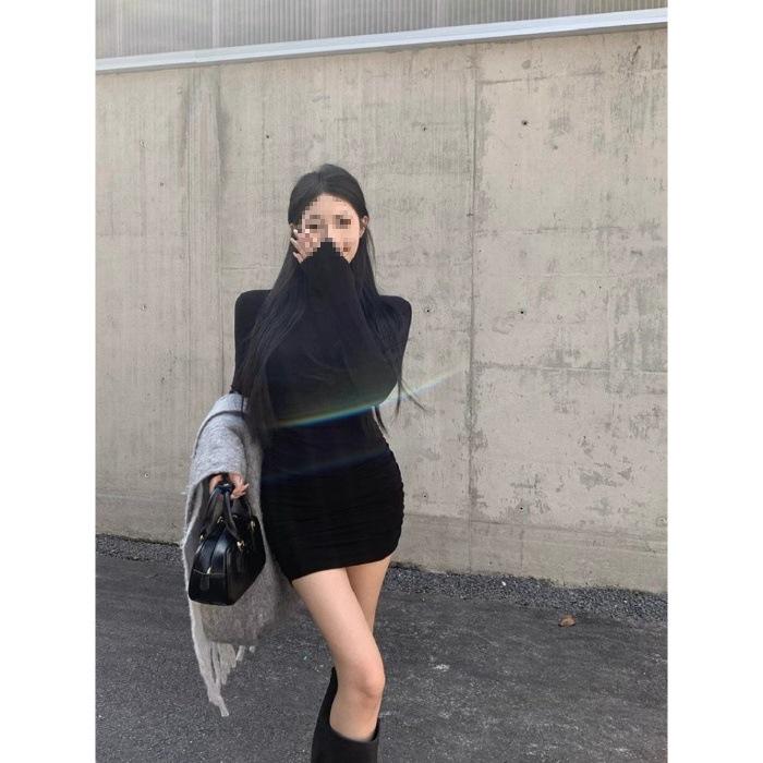 

Elegant Slim-Fit Half-High Neck Long-Sleeve Dress – Women s French Style Autumn/Winter Waist-Cinched Short Dress Medium чорний