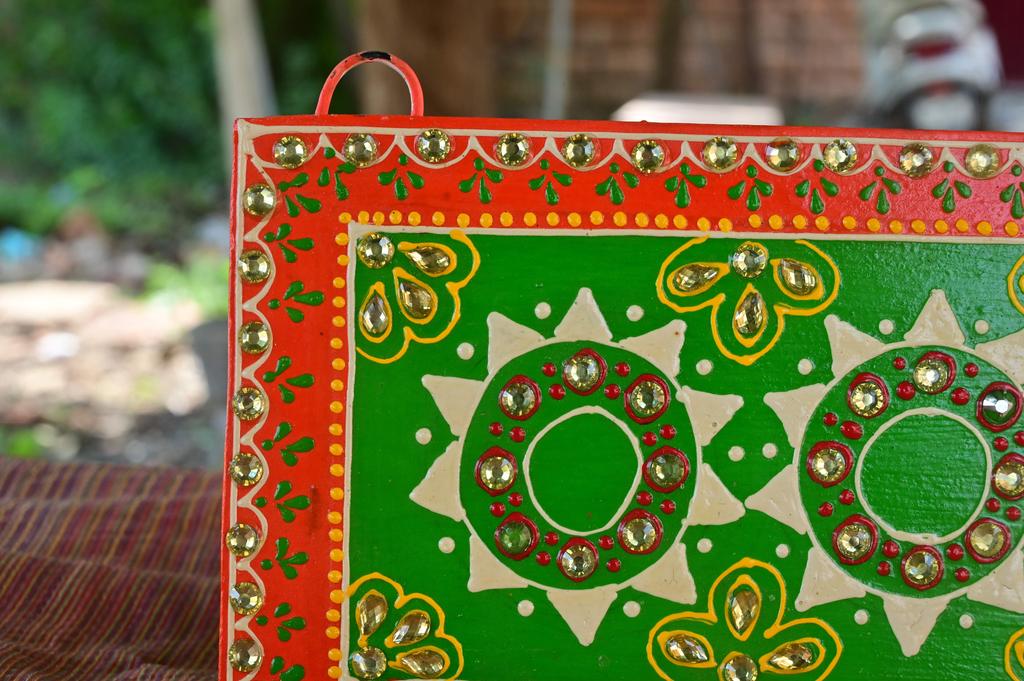 Indian Folk Art Mirror Work Wood Wall Panel