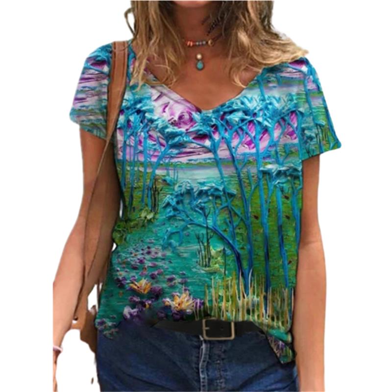 Summer V-neck 3D Floral Print Top Fashionable Casual Short Sleeved Women's T-shirts