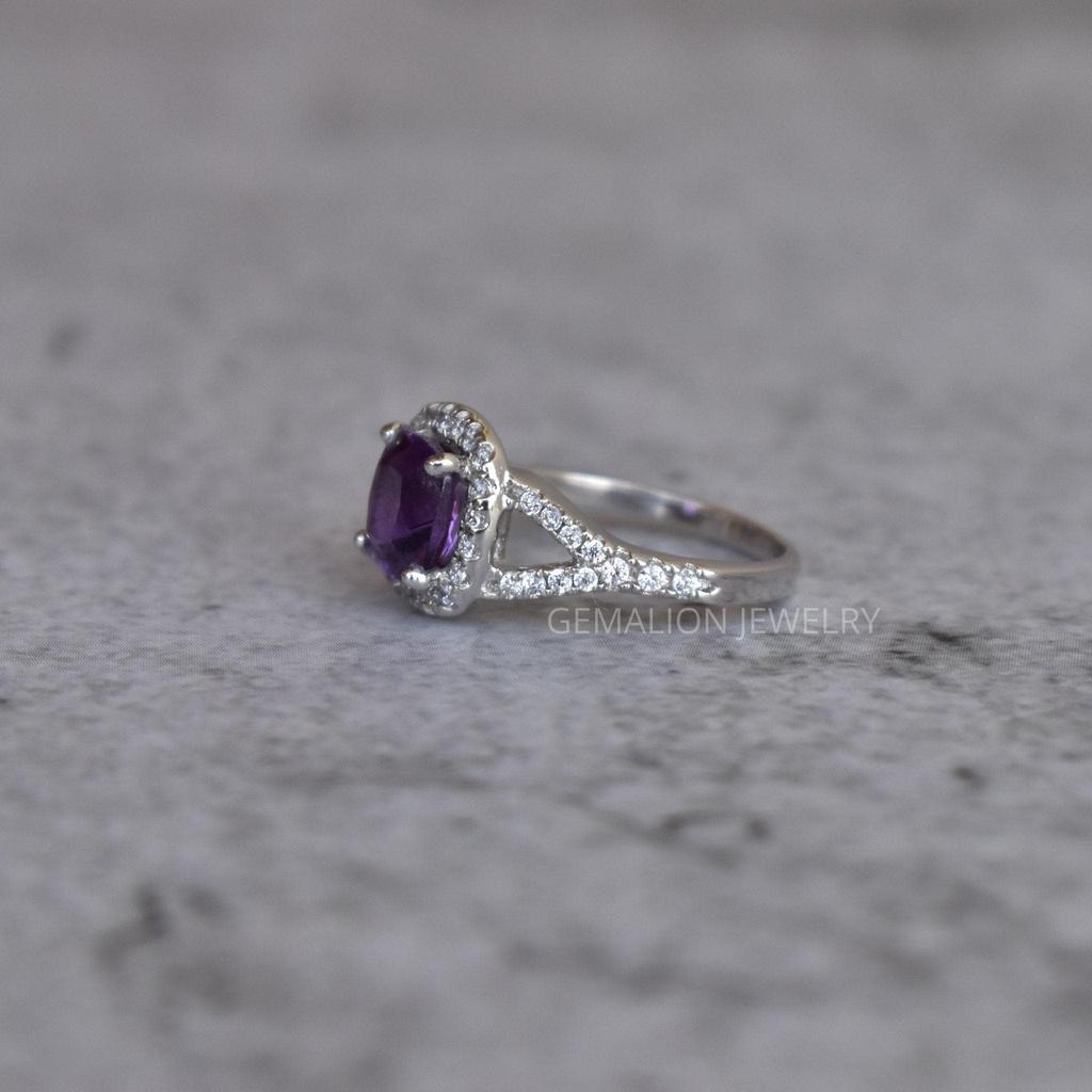 Natural Amethyst Wedding Rings, Cushion/square Cut Purple Gemstone, Amethyst Sterling Silver Rings, Engagement Ring, Halo Ring , Amethyst