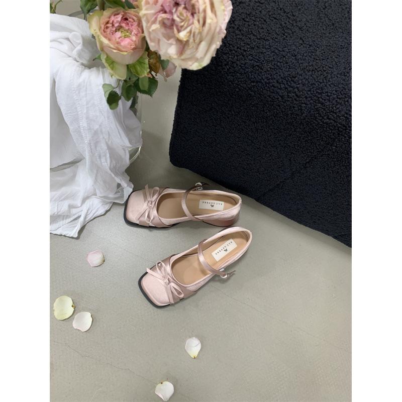 AL Small Fragrant Style Satin Bow Thick Heel Mary Jane Shoes Women's Evening Shoes Spring Light Mouth Medium Heel Single Shoes Small Leather Shoes
