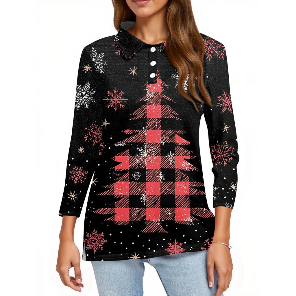Women's Fashion Casual Lapel Short 3/4 Sleeve Christmas Print Shirt Women's Button Up Tops