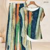 Women Plus Size Two Piece Pants Set Round Neck Short Sleeve Striped Printed Knot Hem Top Long Pants