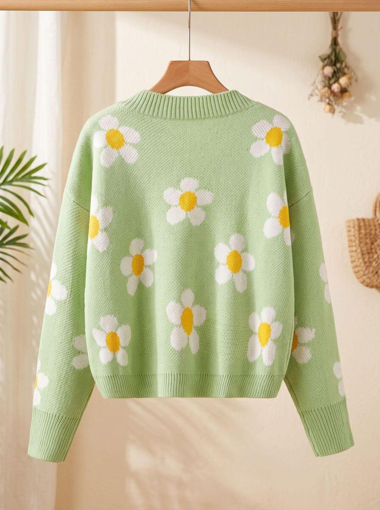 In Stock: Versatile Daisy Jacquard V-Neck Cardigan Sweater
