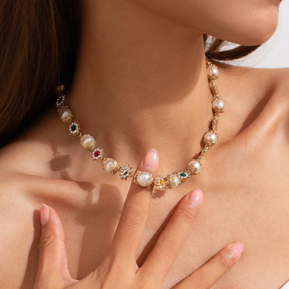 Rhinestone Flowers Beads Choker Necklace Luxury Shinny Colorful Choker  Bridal
