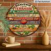 2D Flat, 1pc Round Aluminum Hanging Sign - "Bienvenue a Notre Terrasse" French Patio Rules Metal Wall Art, Tropical BBQ & Cocktail Design, Perfect