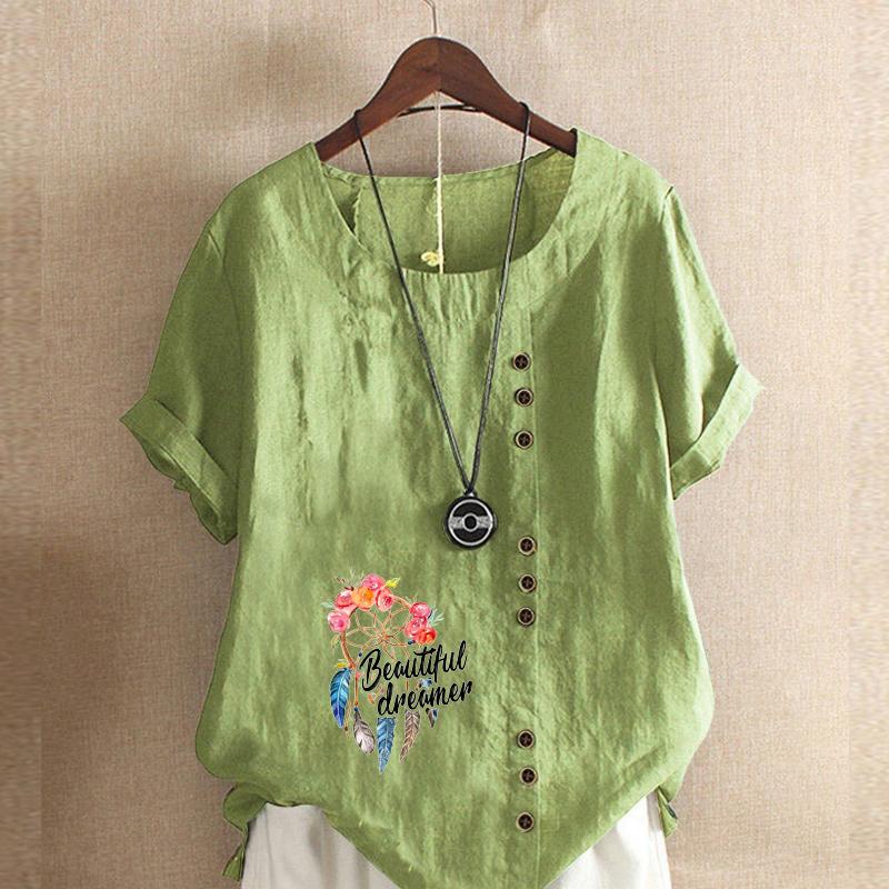 Women's Fashion Feather Letters Prined Short Sleeve T-shirt Loose Cotton Shirt Casual Loose Summer Blouse Tops Plus Size