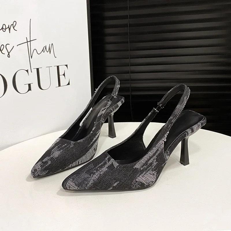 Fashion 2024 New High Heeled Pointed Toe Wrapped Sandals Spring/Summer/Autumn Niche Design Canvas Slim Heel Shoes