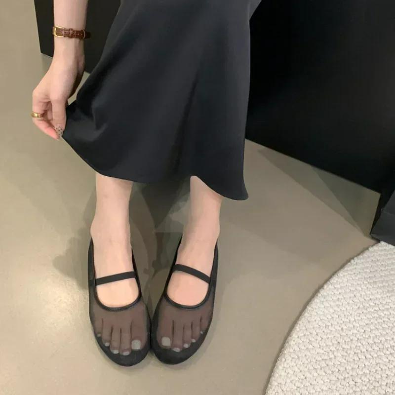 

2025 Осенние балетки из сетчатой ткани на плоской подошве, модные женские туфли с неглубокой резинкой, удобные туфли Мэри Джейн на плоской подошве для женщин 35 чёрный