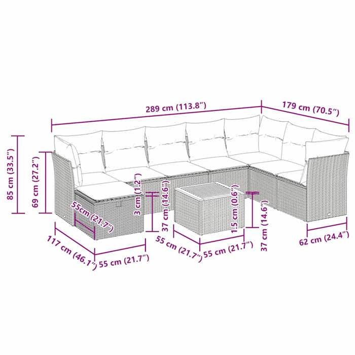 VidaXL Garden Lounge Set 9 Pcs with Grey Cushions Wicker 3325778