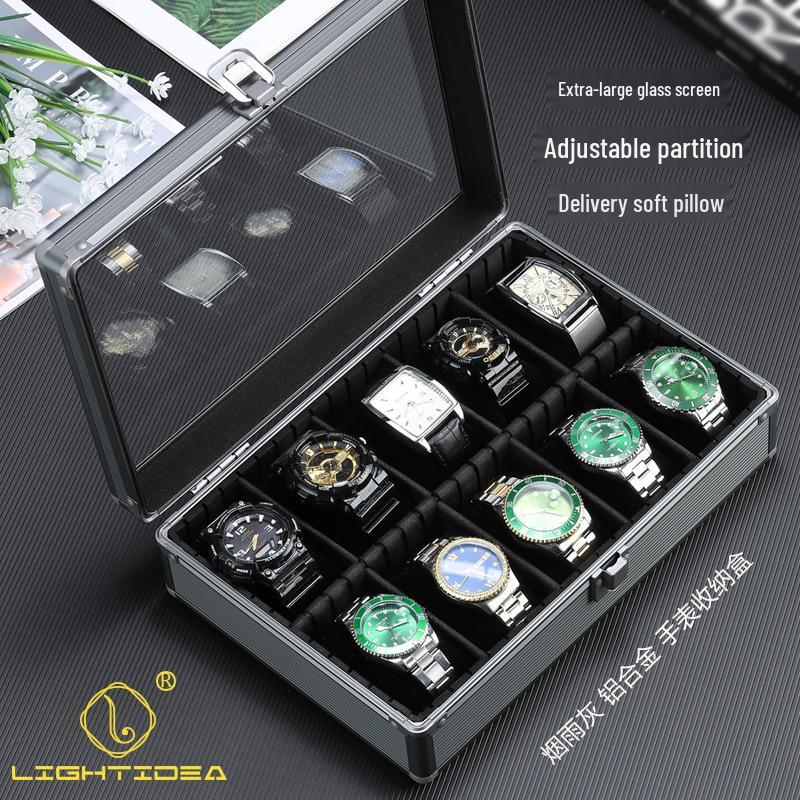 Smoky Grey Aluminum Alloy Multifunction Watch and Jewelry Display Box with Transparent Lid