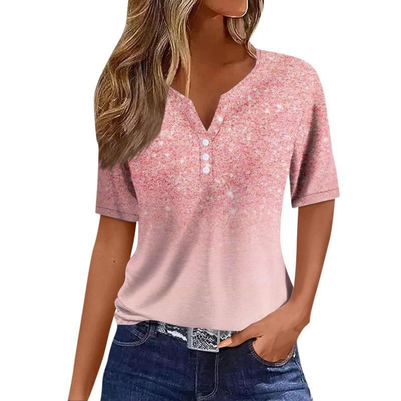 Print Short Sleeve European Style Women Clothing T-Shirt V-Neck