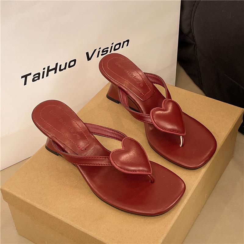Wedge heel red love high heels pinch flip-flops women's shoes wear 2025 summer temperament sandals