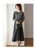 Chic French Patchwork Knit Dress for Women - Autumn/Winter 2025 Slimming Wool Base Layer with Tie-Up Detail