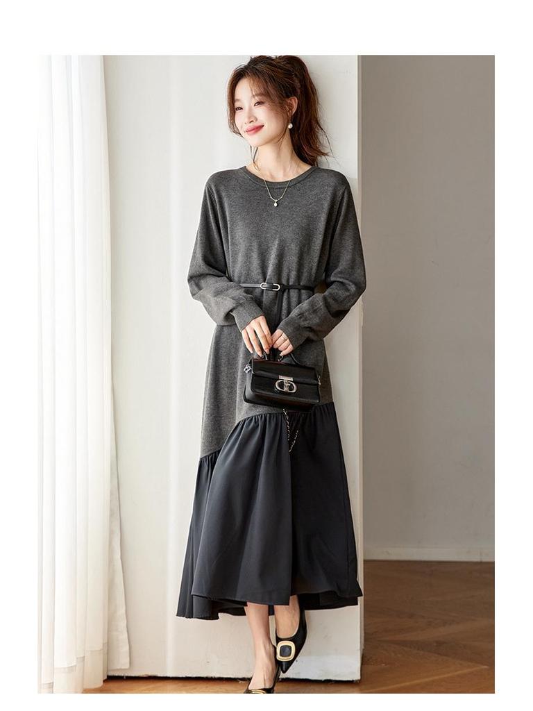 Chic French Patchwork Knit Dress for Women - Autumn/Winter 2025 Slimming Wool Base Layer with Tie-Up Detail