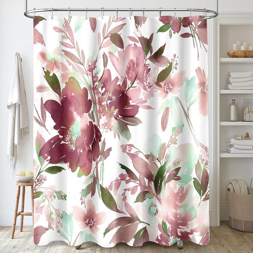 Malvefarbener Blumiger Duschvorhang, Aquarellblumen Duschvorhang Für Badezimmer, Moderner Abstrakter Tinte Dekorativer Stoff Duschvorhang